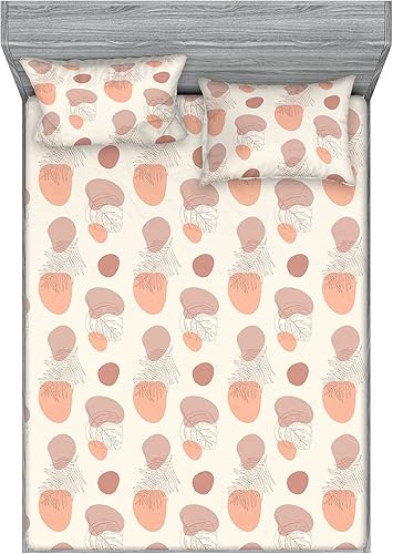 Miniatura 46 de Ambesonne Geometric Fitted Sheet & Pillow Sham Set, Minimalist Vibe Retro Pattern of Waves and Circles Scandinavian, Decorative Printed 3 Piece Pale