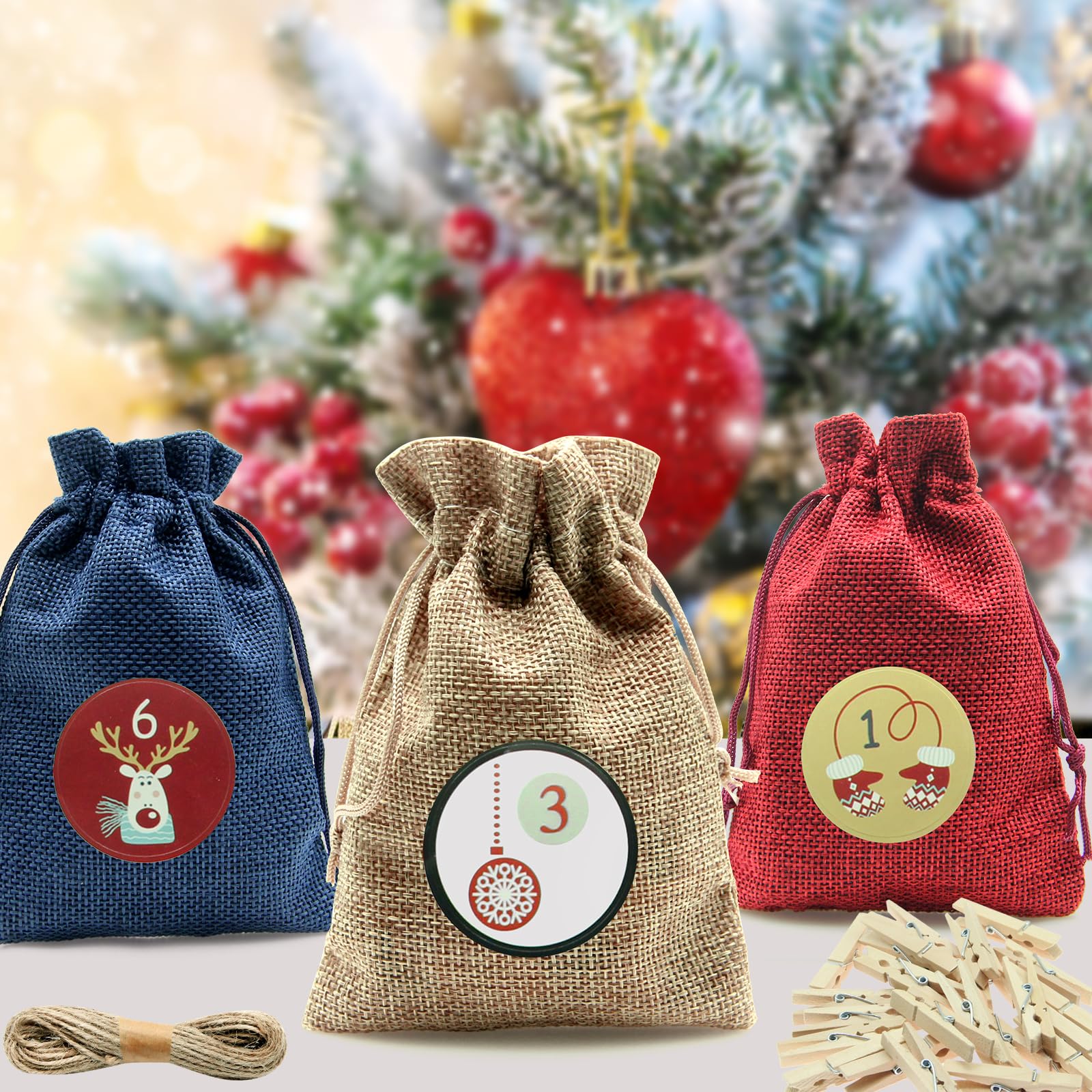 Calendario de Adviento para Rellenar 24 Piezas con Cuerda 10m y 48 Números Adhesivos, Bolsas de Tela DIY 4 Colores