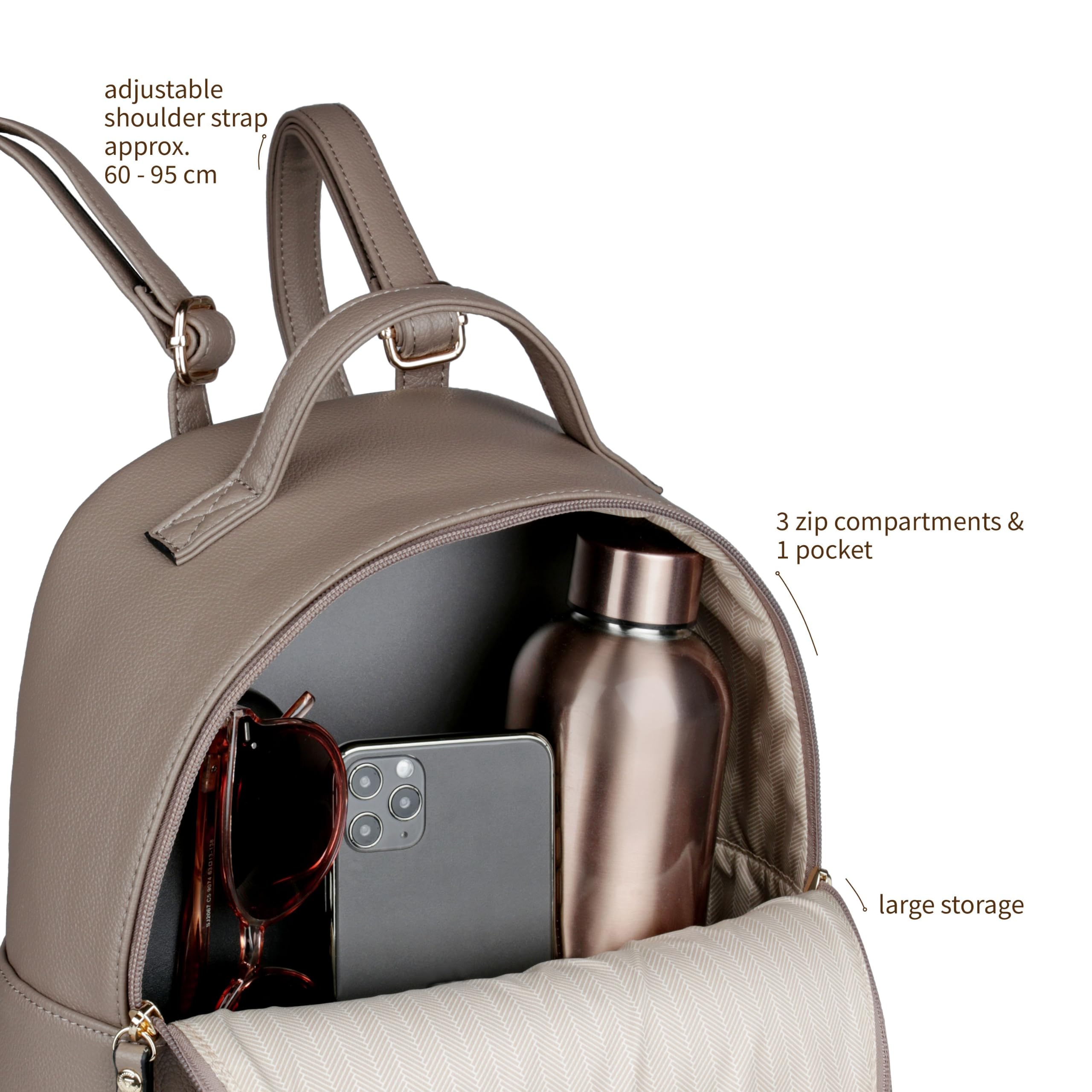 bugatti Mare 3.0 zaino da donna – zaino leggero in ecopelle per l'uso quotidiano e i viaggi, taupe