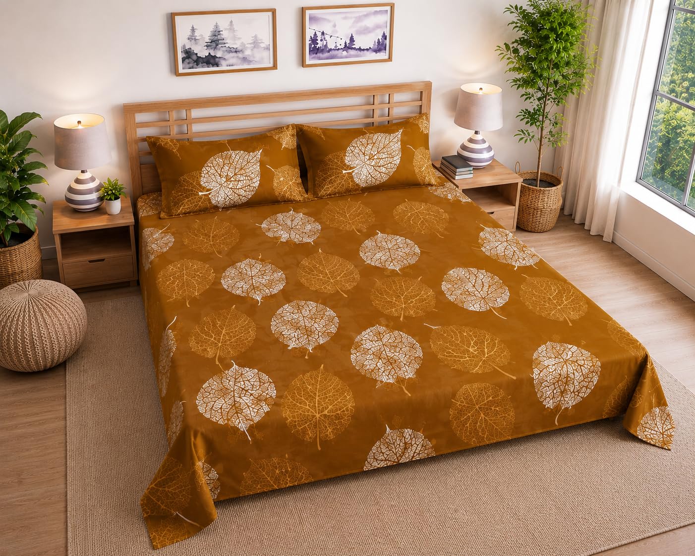 Double Bed Microfiber Bedsheet, 144 TC, Yellow Brown Leaf Print, 215x241 cm, with 2 Pillow Covers-image-47
