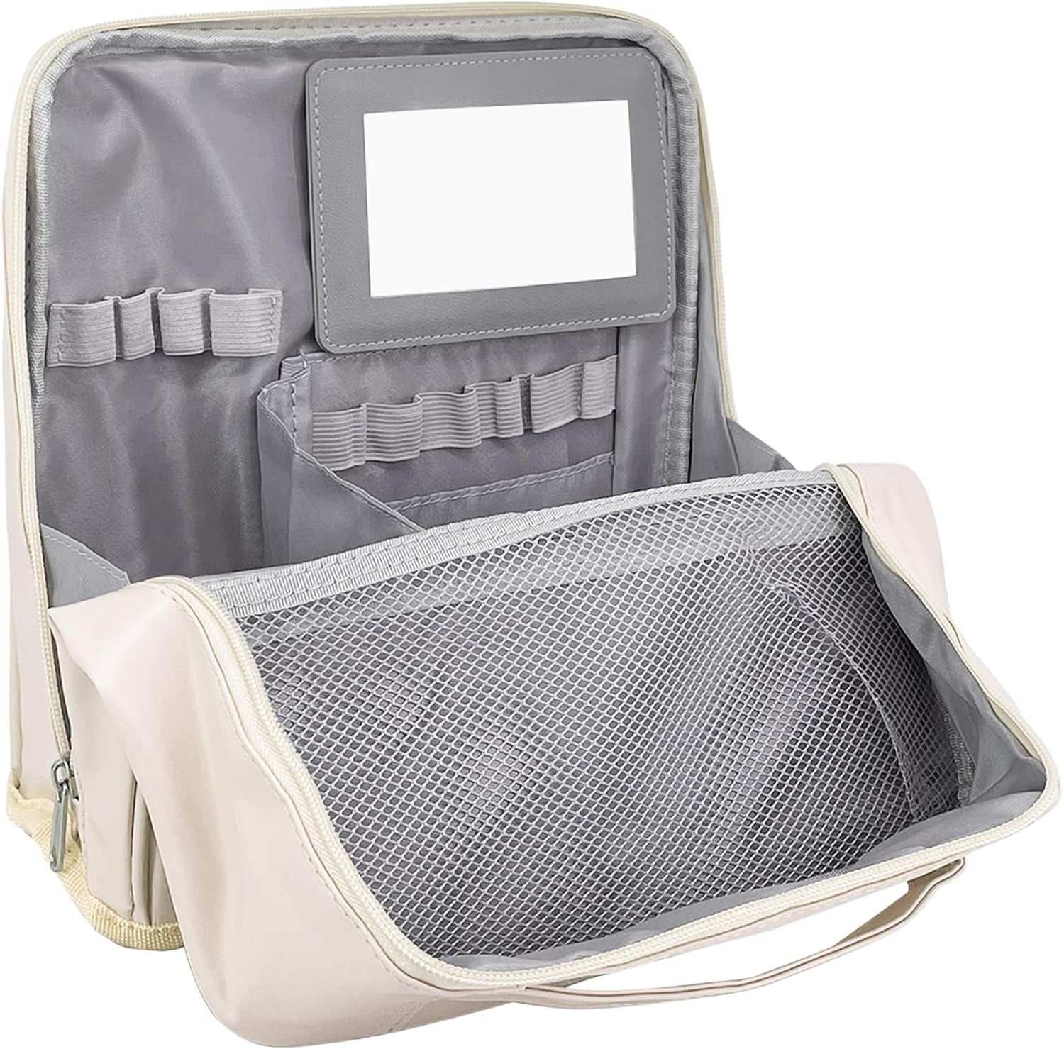 2025 Standing Makeup Bag Waterproof, PU Makeup Organizer with Mirror, Large Capacity Cosmetic Bag Portable, Multi Purpose Make up Bag, Travel Essentials Travel Toiletry Bag for Women White