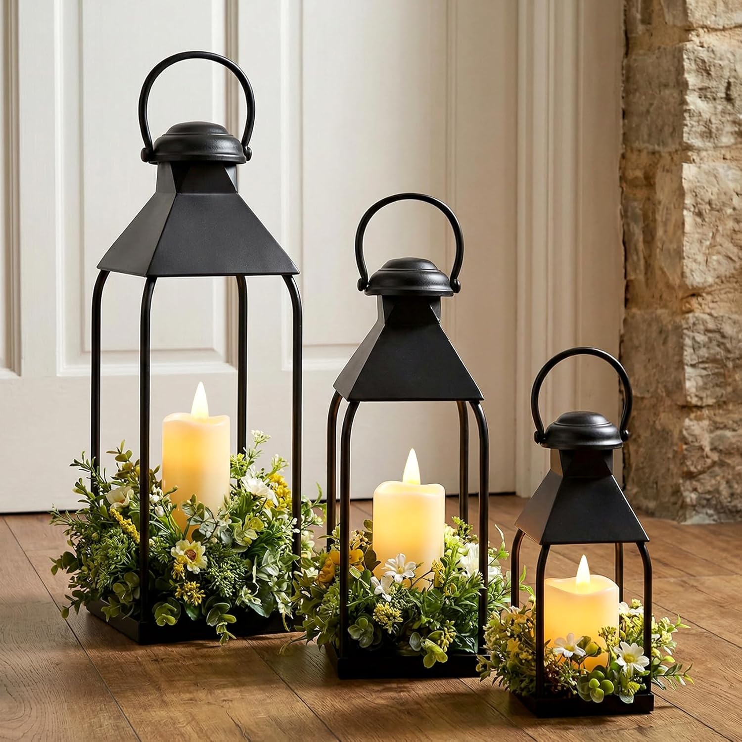 Decorative Metal Lanterns Indoor Outdoor, Set of 3 Farmhouse Lantern Holders Without Candles for Porch, Patio, Fireplace, Floor, Wedding & Holiday Table Centerpiece (Black, 20" 15.7" 12")