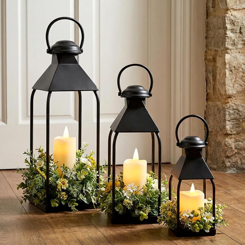 Linternas decorativas de metal para interiores y exteriores, juego de 3 portavelas para exteriores | Portavelas para porche, patio, chimenea, suelo, boda y Navidad, decoración de fiestas, centro de mesa festivo