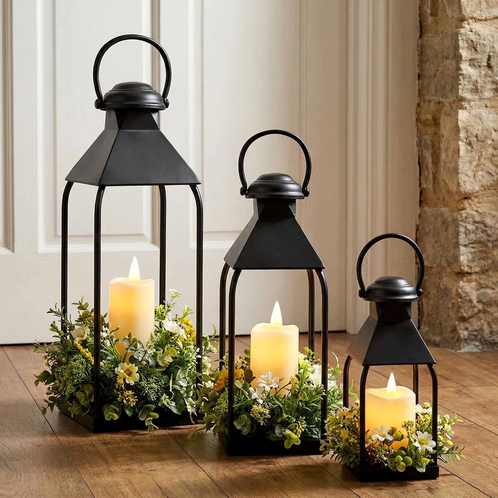 Photo 1 of Decorative Metal Lanterns Indoor Outdoor, Set of 3 Farmhouse Lantern Holders Without Candles for Porch, Patio, Fireplace, Floor, Wedding & Holiday Table Centerpiece (Black, 20" 15.7" 12")