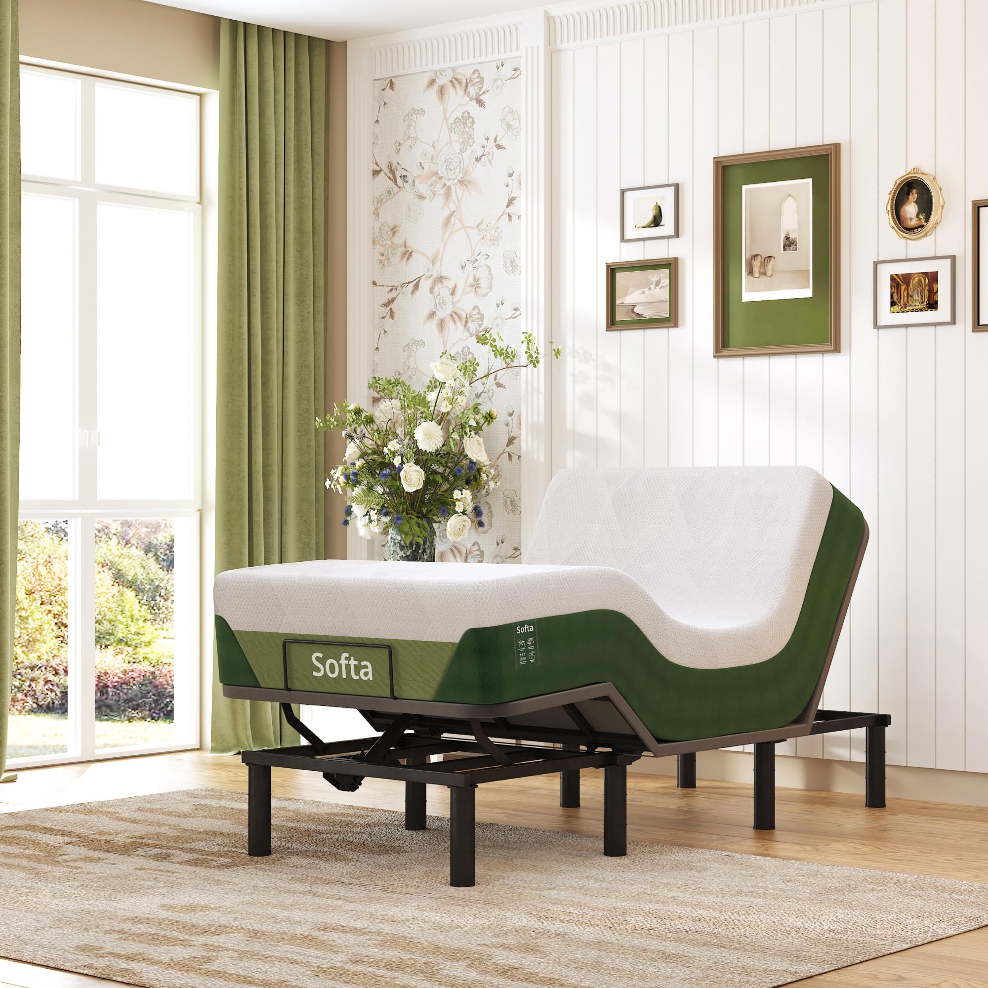 Softa Adjustable Bed Frame with 12" Memory Foam Mattress, Head & Foot Incline, Electric Bed Base w/Oxford Fabric Bedspread, Remote Control and Whisper
