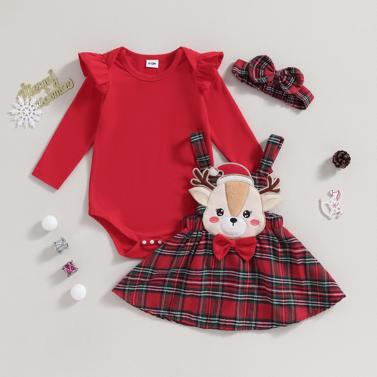 Ledy Champswiin Infant Girl Christmas Outfit Ruffled Long Sleeve Romper A-Line Elk Embroidery Plaid Skirt Bow Headband Set (Red, 12-18 Months)