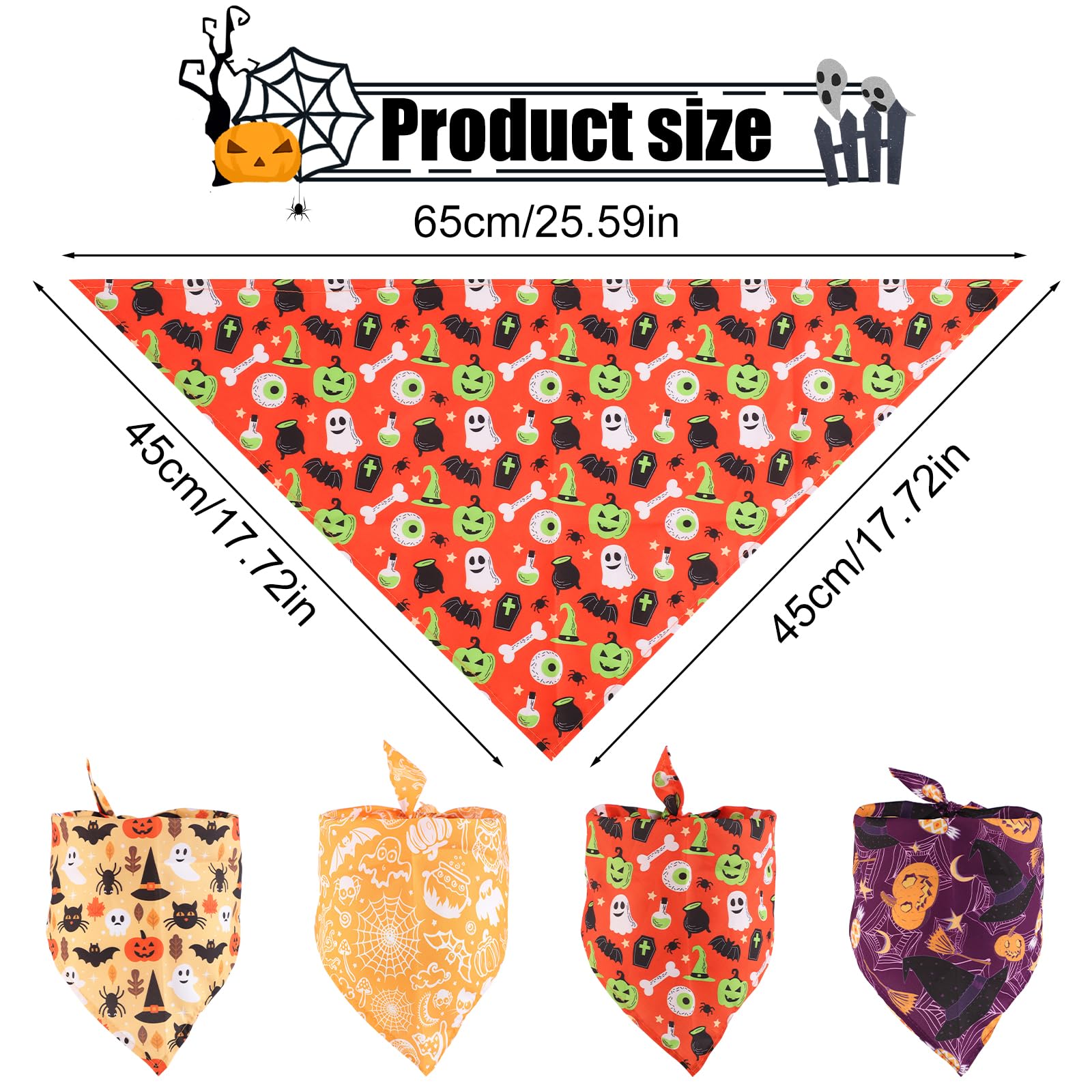 NQEUEPN 4pcs Halloween Dog Bandana, Triangle Dog Scarf, Pumpkin Bat Pattern, Medium, Orange, Polyester, Bandana - Image 2