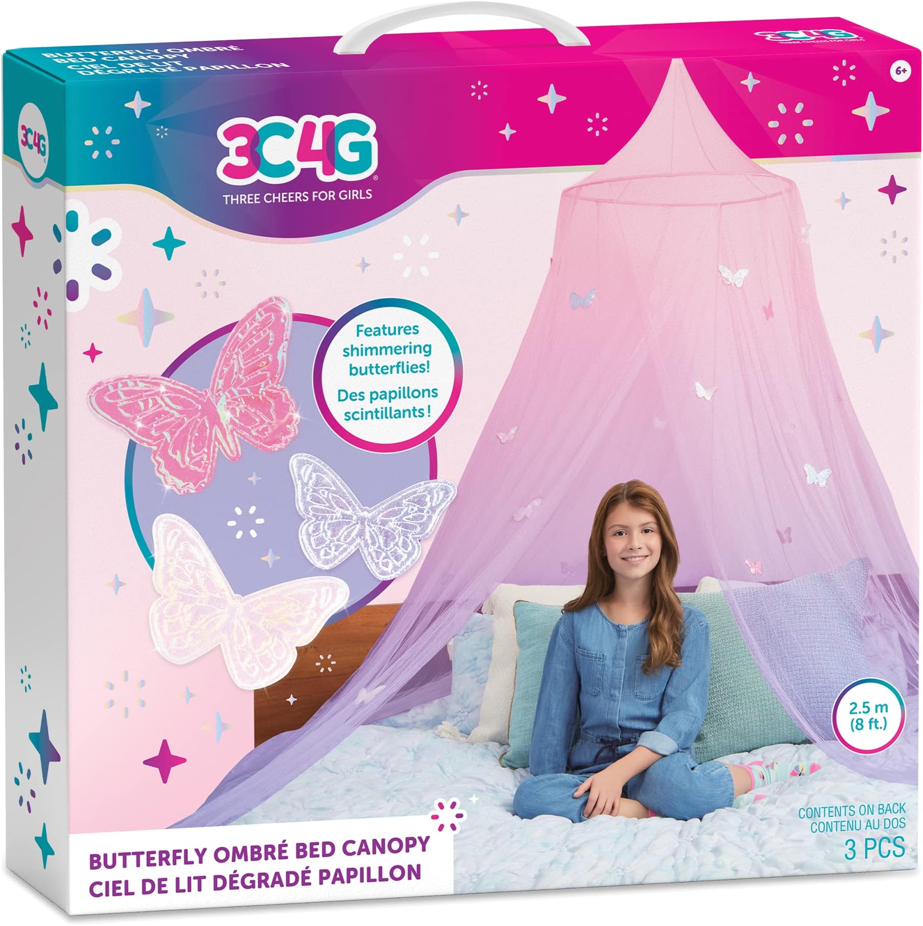 3C4G Butterfly Ombre Bed Canopy - Pink & Purple - Fits Twin, Full & Queen Beds - Hanging Canopy for Girls & Teens by Make It Real