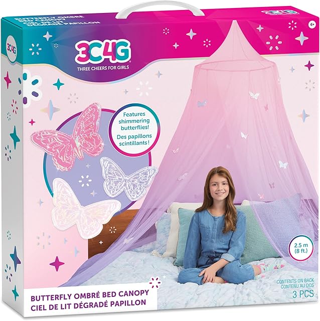 3C4G THREE CHEERS FOR GIRLS - Butterfly Ombre Bed Canopy Pink Kids Twin, Full & Queen Sized Beds Hanging Teens