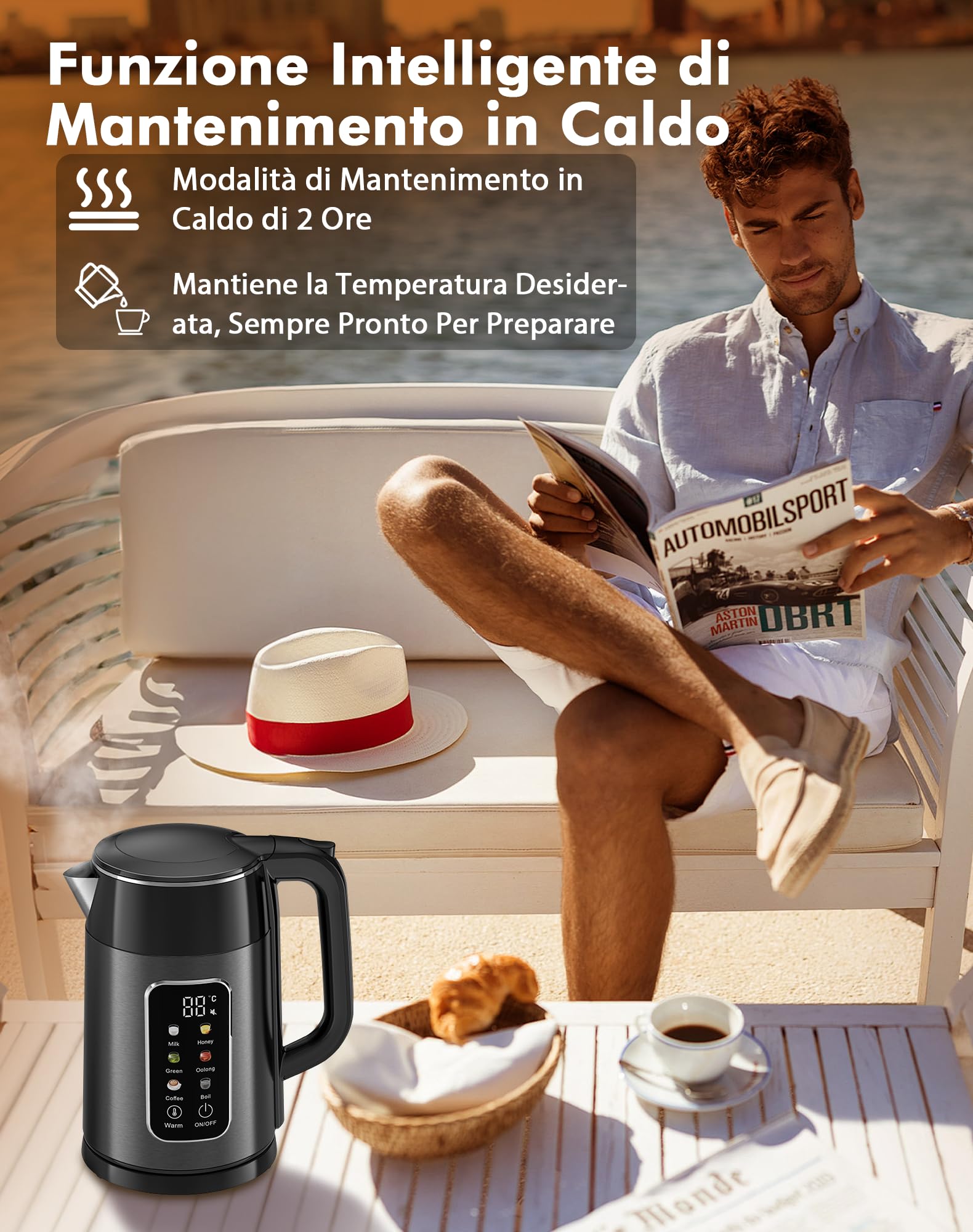 Bollitore Elettrico con Temperatura Regolabile, 2200W 1.7L, 6 Programmi Preimpostati, Acciaio Inox 304, Senza BPA, Display LED, Funzione Mantieni Caldo 2H, Base 360°, Nero (Nero)