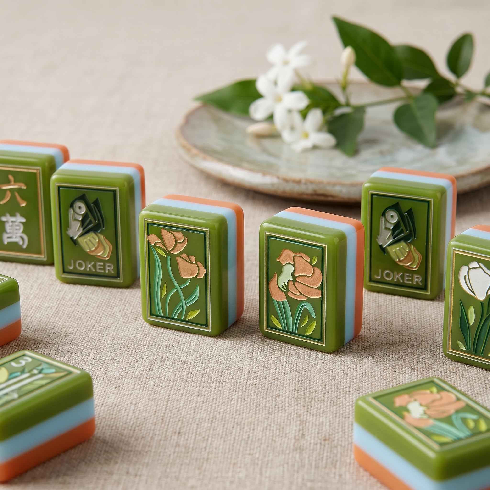 Handgemaltes Ölgemälde, amerikanisches Mahjong-Set, Gravur, Reisespiel | 160 Acryl-Fliesen, 4-lagig, Olivgrün, Himmelblau und Terrakotta, Geschenk für Fliesenliebhaber