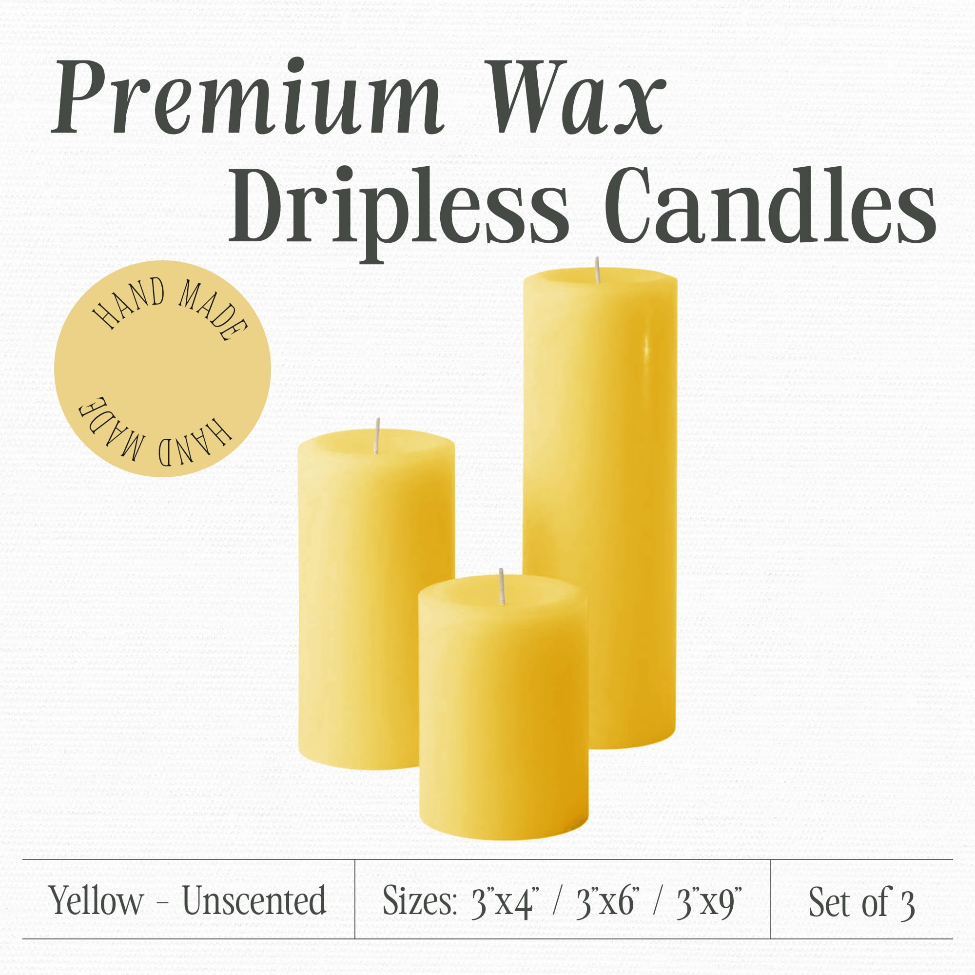 Mister Candle - Różne bezzapachowe świece filarowe w jednolitym kolorze (zestaw 3 szt.) do dekoracji domu, przyjęcia weselne (żółte)