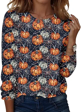 Halloween Shirts for Women Long Sleeve Plus Size Fashion Crewneck Comfortable Tshirts Halloween Costumes for Women