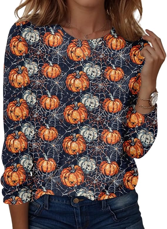 Halloween Shirts for Women Long Sleeve Plus Size Fashion Crewneck Comfortable Tshirts Halloween Costumes for Women