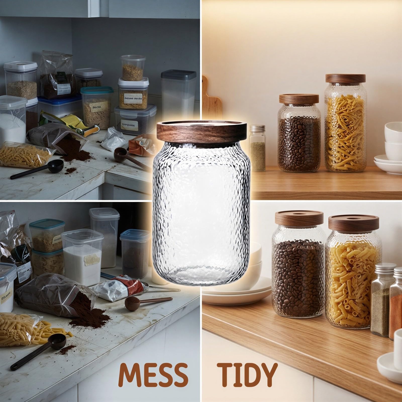 3 Stk. Glas-Aufbewahrungsgläser mit Deckel, 10 oz 17 oz 24 oz luftdichte Glas-Vorratsdosen mit Holzdeckel, gehämmerte Vorratsgläser für Küche, Kaffee, Tee, Getreide, Zucker, Snacks