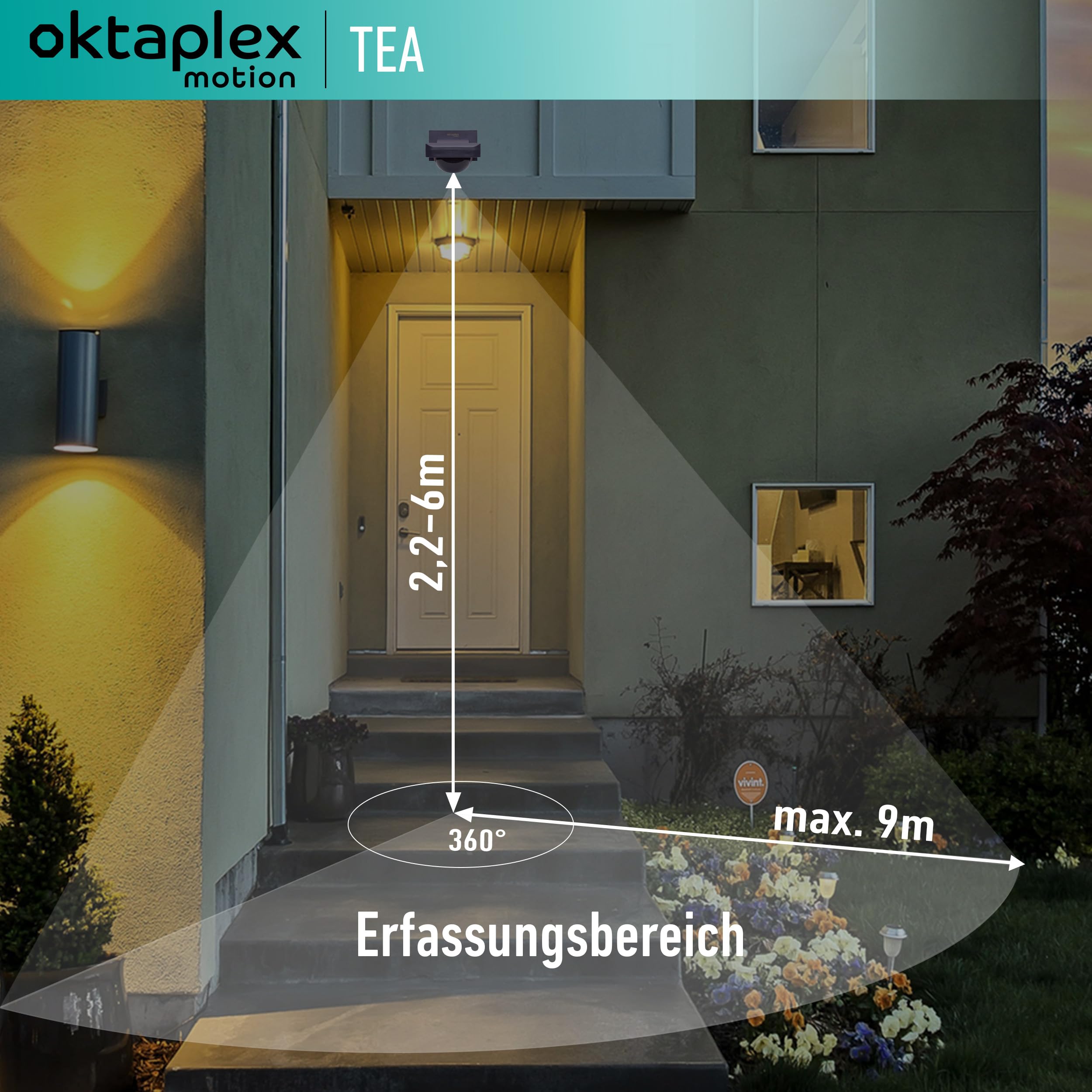 Oktaplex Tea zewnętrzny czujnik ruchu antracyt 360 stopni, z pilotem zdalnego sterowania, czujnik podczerwieni 9 m, zasięg 230 V, IP65, do sufitu i ściany