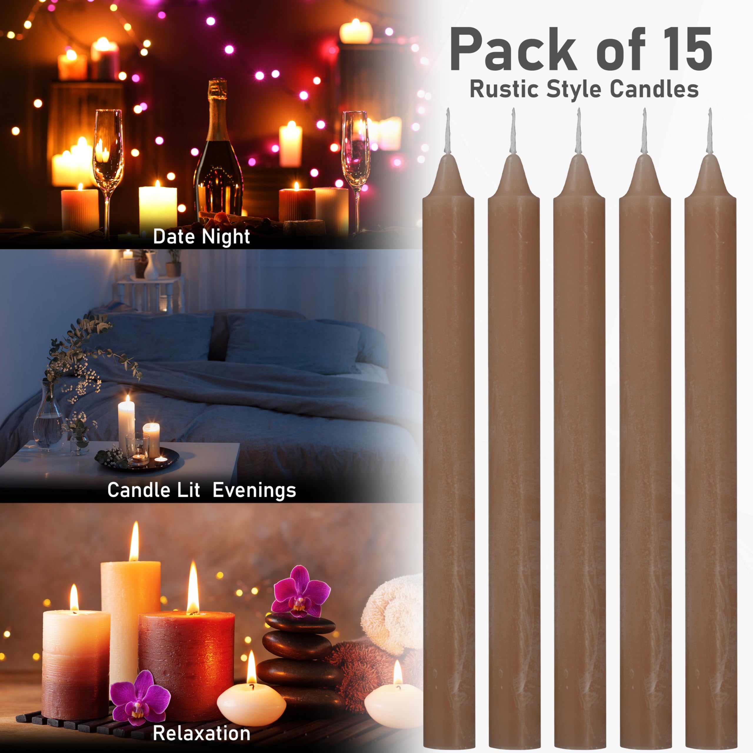 DECO EXPRESS Velas Rústicas Set de 15 Velas Larga Duracion 9 Horas Sin Fragancia Velas Decorativas Hecho a Mano (Marrón - Paquete de 15)