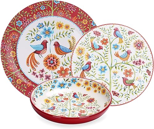 Bico Red Spring Bird - Juego de vajilla de cerámica de 12 piezas, servicio para 4, incluye platos llanos de 11 pulgadas, platos de ensalada de 8.75