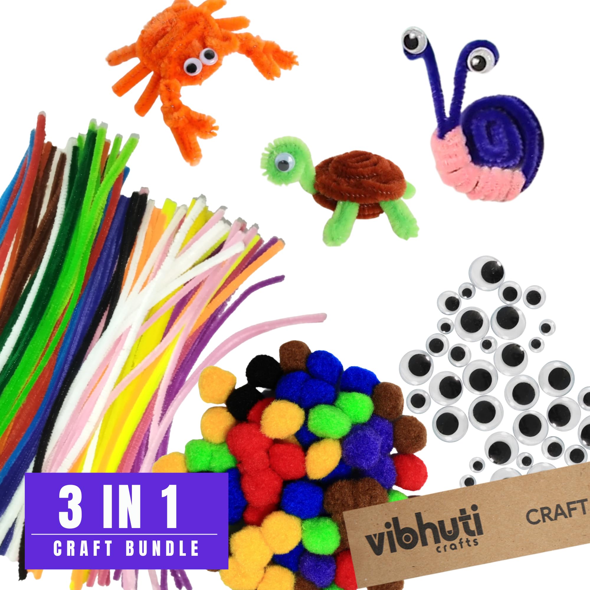 IEIDidactics Vibhuti Crafts 3-in-1 Craft Bundle | 50 Pipe Cleaners, 50 Pompoms, 50 Googly Eyes - Creative Supplies for DIY Projects and Art Activities
