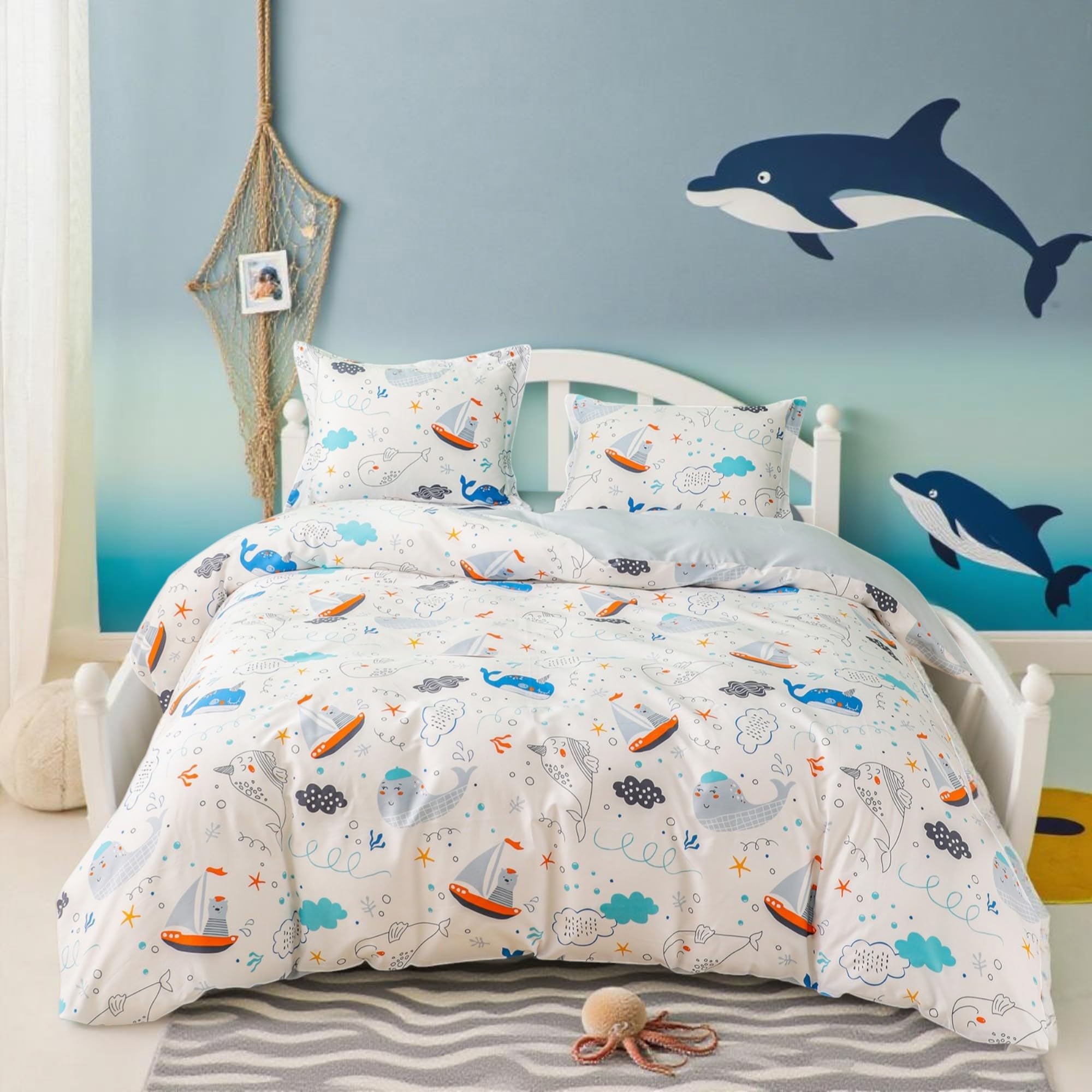 Simple&Opulence 100% Organic Cotton Duvet Cover for Kids Teens, 3 Pieces Soft Comforter Cover with Zipper Closure Cool Boy Girl Sea Sailboat Ocean