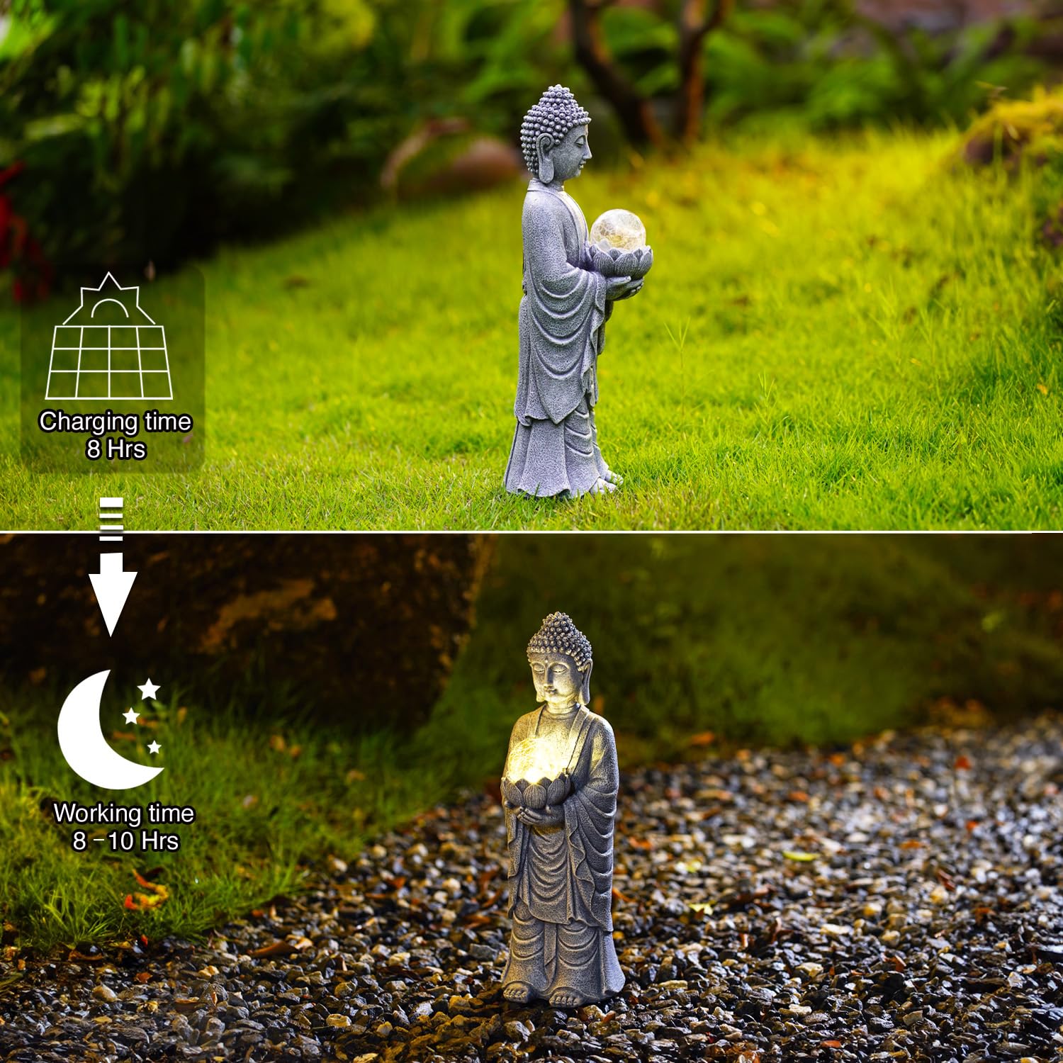 Yeomoo Figurine de Bouddha solaire - Hauteur : 36 cm - Avec LED et aspect craquelé - Grande décoration zen spirituelle pour jardin, terrasse et salon - Cadeau pour femmes, maman et homme (méditation