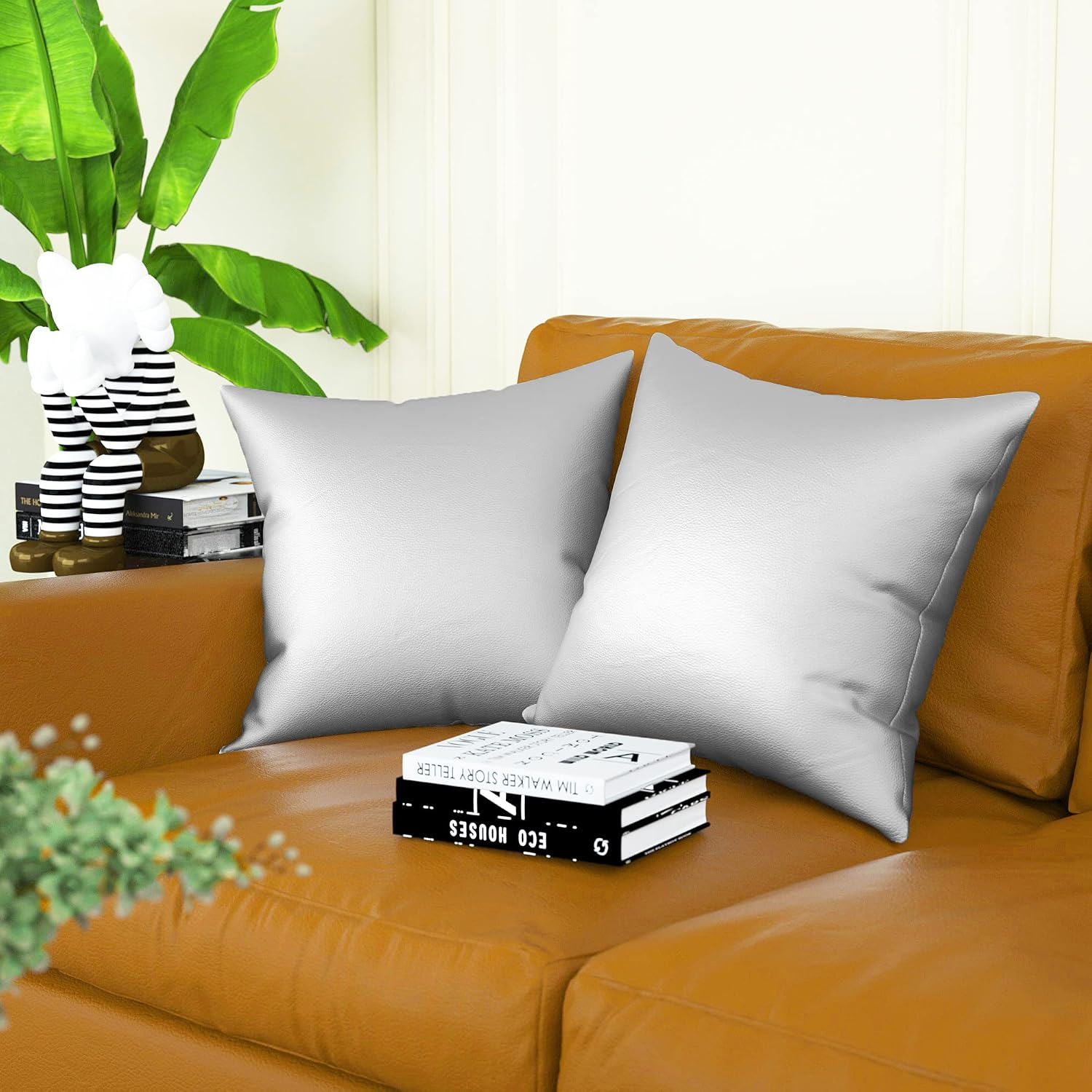CaliTime Throw Pillow Cases Pack of 2 Modern Solid Dyed Soft Faux Leather Decorative Cushion Covers Shells for Couch Sofa Bedroom 18 X 18 Inches Silver