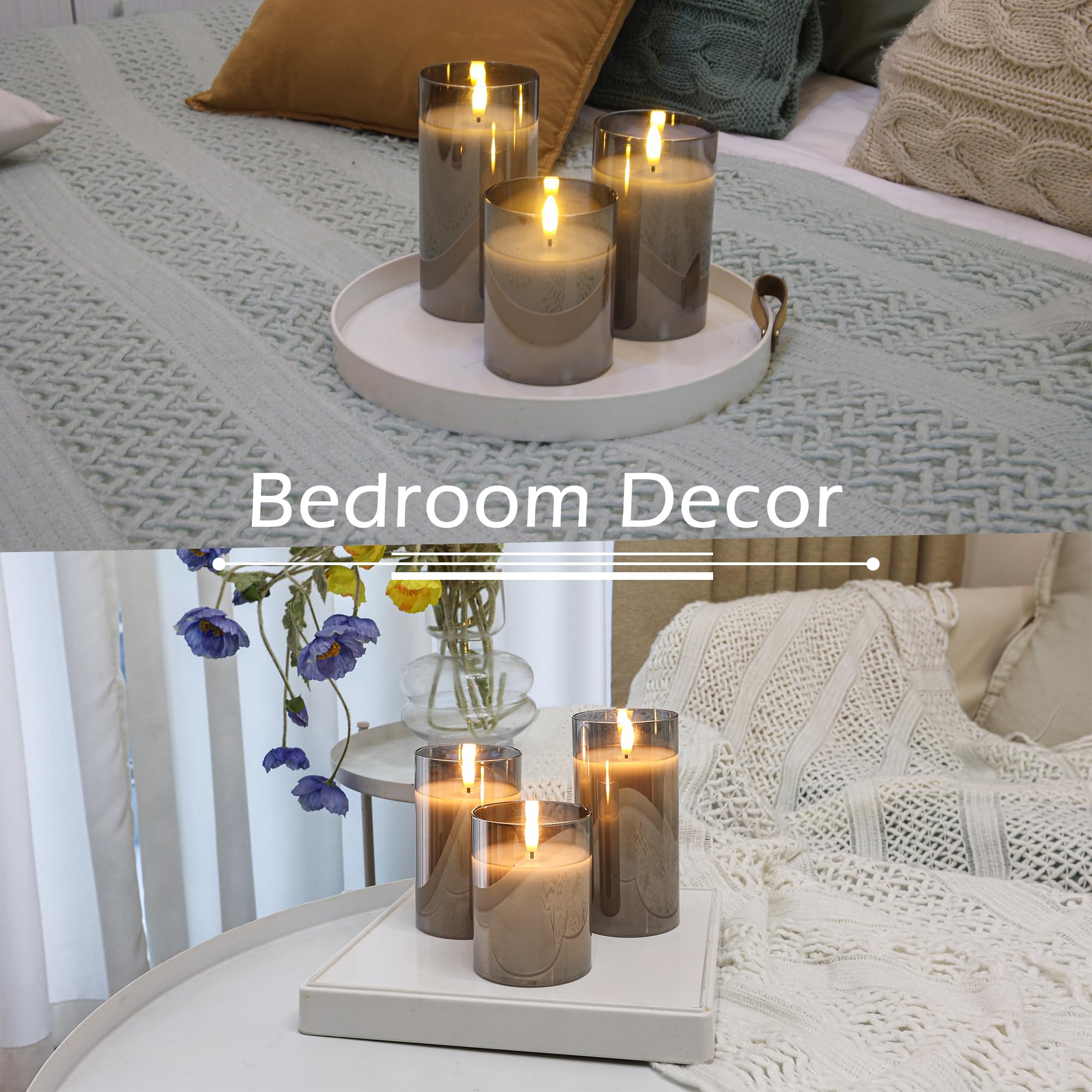 LUSHABOR Glass Flameless Candles, Battery Operated Candles with Remote Timer, Real Wax LED Candles Flickering Flame Wedding Home Party D3 H4 5" 6", Set of 3-Grey