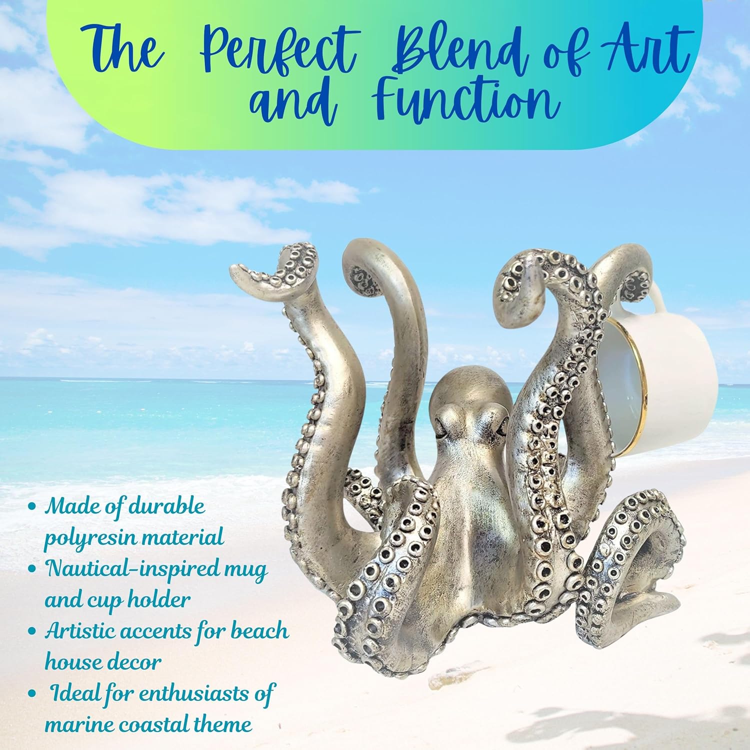 BestGiftEver Vintage Style Octopus Coffee Mug Tea Cup Holder in Silver Tones - Kitchen Dining Bar Statue Accessory | Octopus Coffee Mug Holder Stand for Countertop | Decorative Table Topper