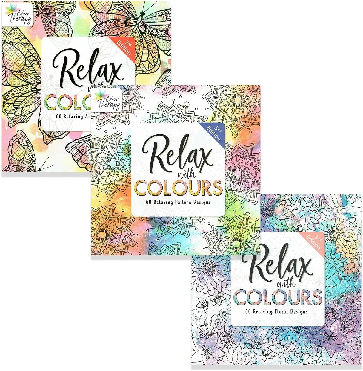 Styloo Adult Colouring Books, Set of 3 Books, 180 Designs, Animal, Floral, and Pattern Illustrations
