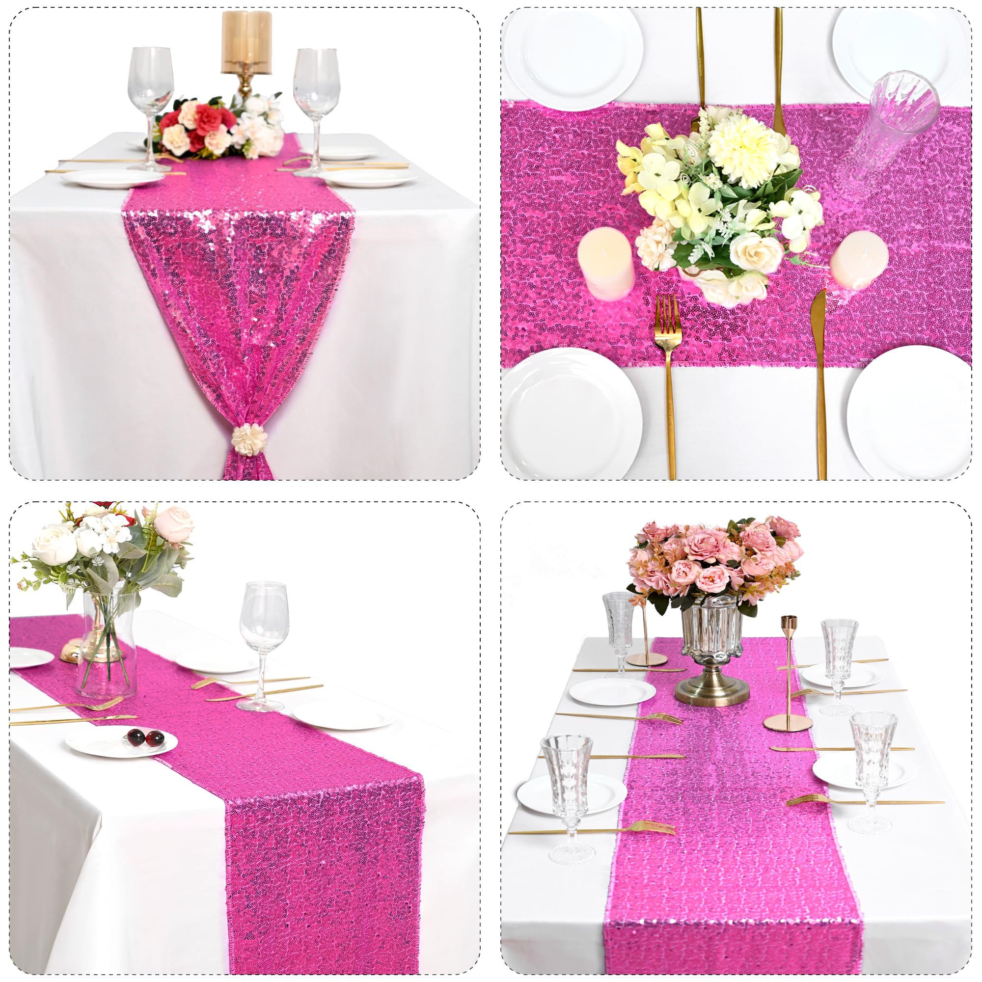 Confezione da 15 runner da tavola con paillettes, 30,5 x 274 cm, colore: rosa acceso, runner da tavola con paillettes metallizzate, glitter, per matrimoni, ricevimenti, feste di fidanzamento, feste di