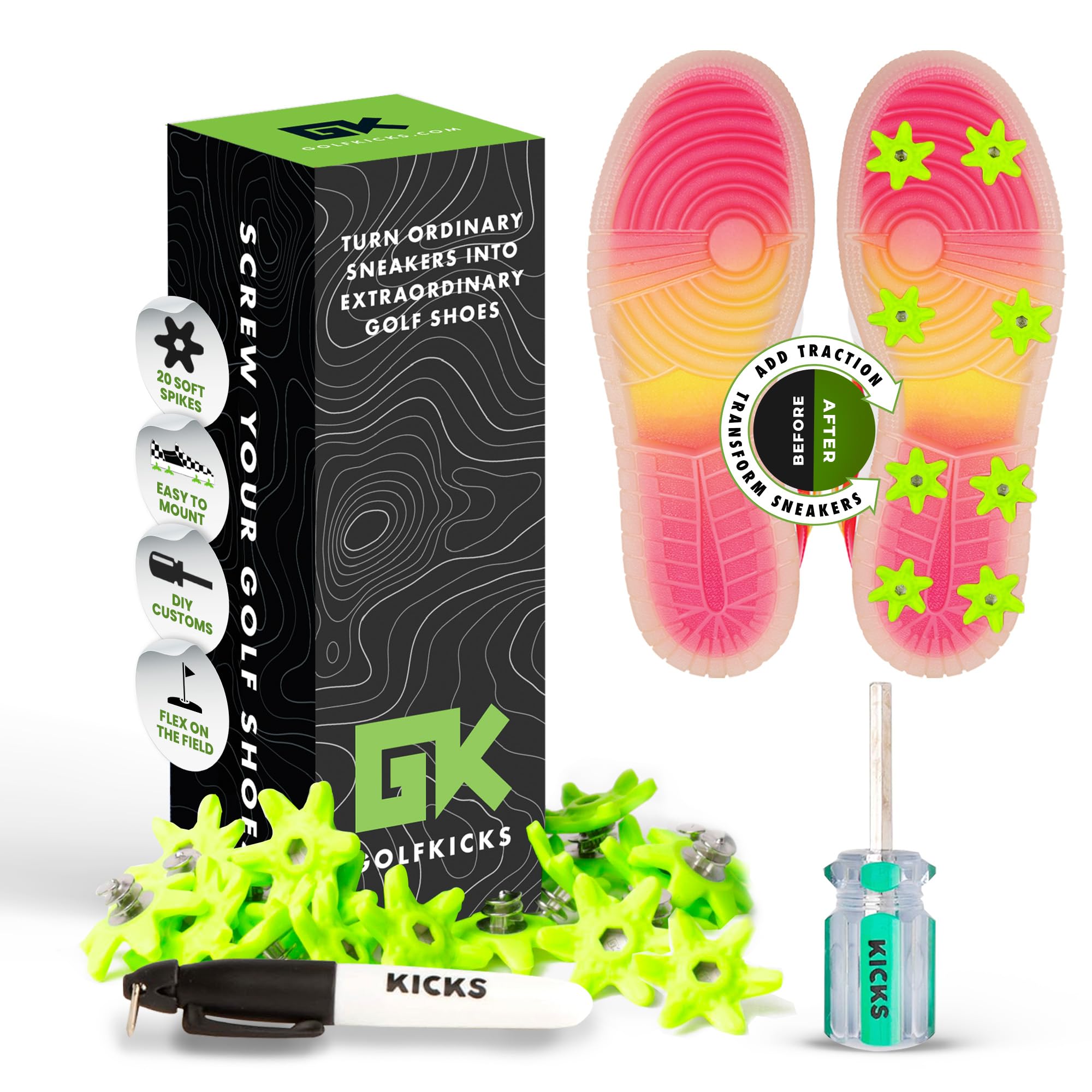 GolfkicksGolf Traction Kit for Sneakers with DIY Golf Spikes - Add Golf Cleats to Any Shoe, 20 Count - As Seen On Shark Tank - PRE-Sale