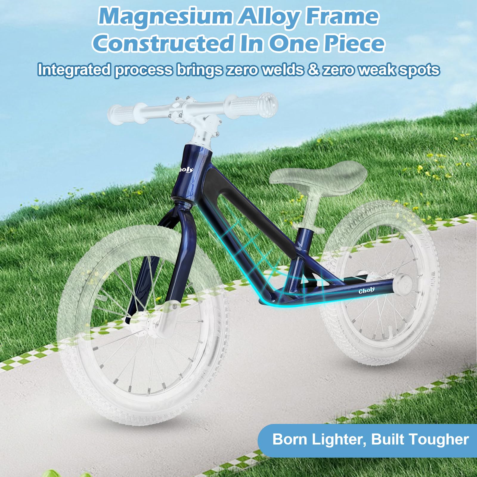 CHOLY Bicicletta da 14 pollici per bambini dai 3 ai 6 anni, senza pedali per bambini con sedile regolabile, pneumatici e telaio in lega di magnesio, bicicletta da allenamento leggera per bambini