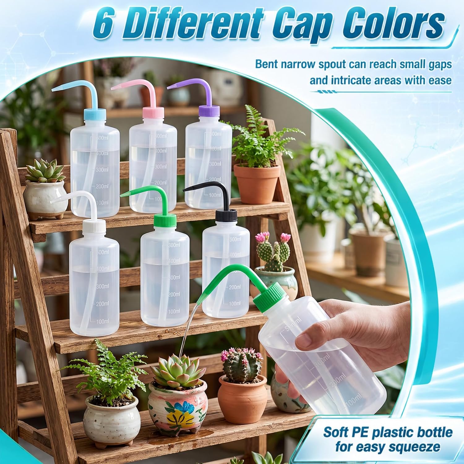 Dandat 24 Pcs 17 oz / 500 ml Plastic Safety Washing Bottles Bulk Transparent Squeeze Bottle with Colorful Cap Narrow Mouth Scale Labels Dispenser Bottle for Plants Lab Science Crafts Tattoo