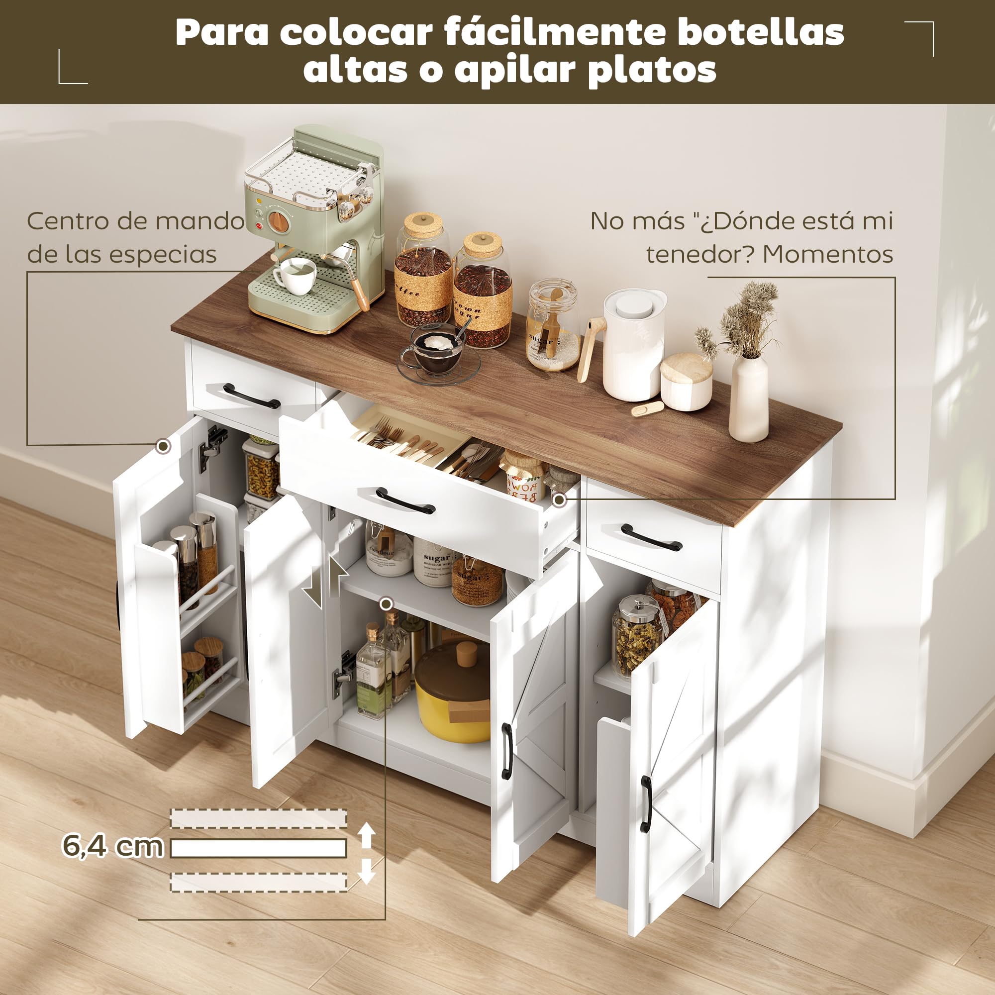 HOMCOM Aparador de Cocina Rústico, Armario de Cocina con 4 Estantes de Puerta, 3 Cajones, Estantes Ajustables, Puerta con Cierre Suave, Mueble de TV para 48-55 Pulgadas, 120x38x87 cm, Blanco y Nogal