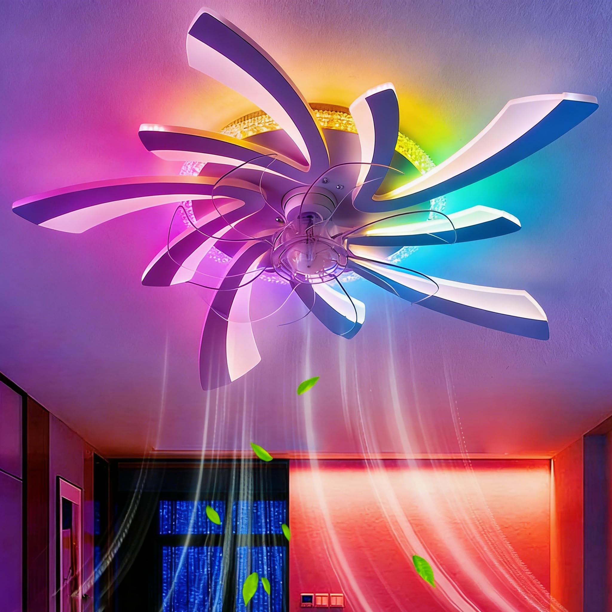 RGB Deckenventilator mit Beleuchtung und Fernbedienung, LED Dimmbar, 6 Gang DC Motor, Reversibler Deckenlampe mit Ventilator, Weiß