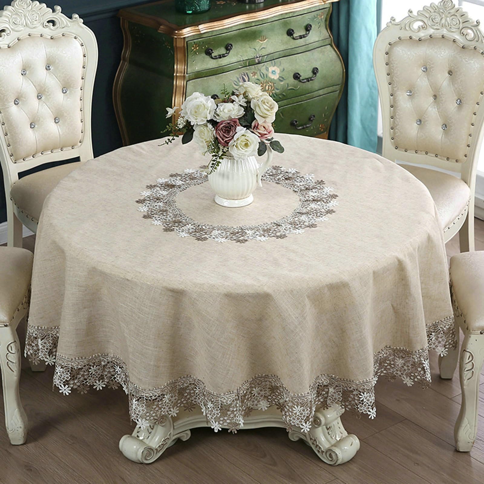 Tovaglie Cucina, Tovaglia Rotonda 150 cm Cavo Fiore Ricamo, Caki