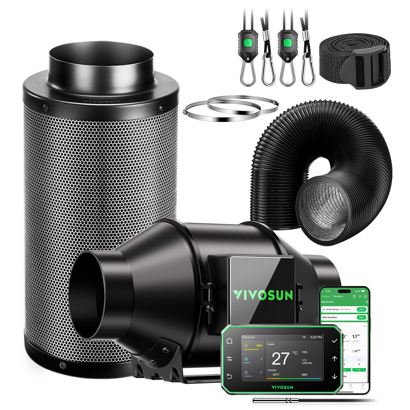 VIVOSUN 4"Smart Air Filtration PRO G6 Kit, 100mm AeroZesh G6 Inline Duct Fan w/GrowHub E42A+ Temp. Humidity WiFi-Controller, Carbon Filter & Ducting, Cooling & Ventilation System for Grow Tent