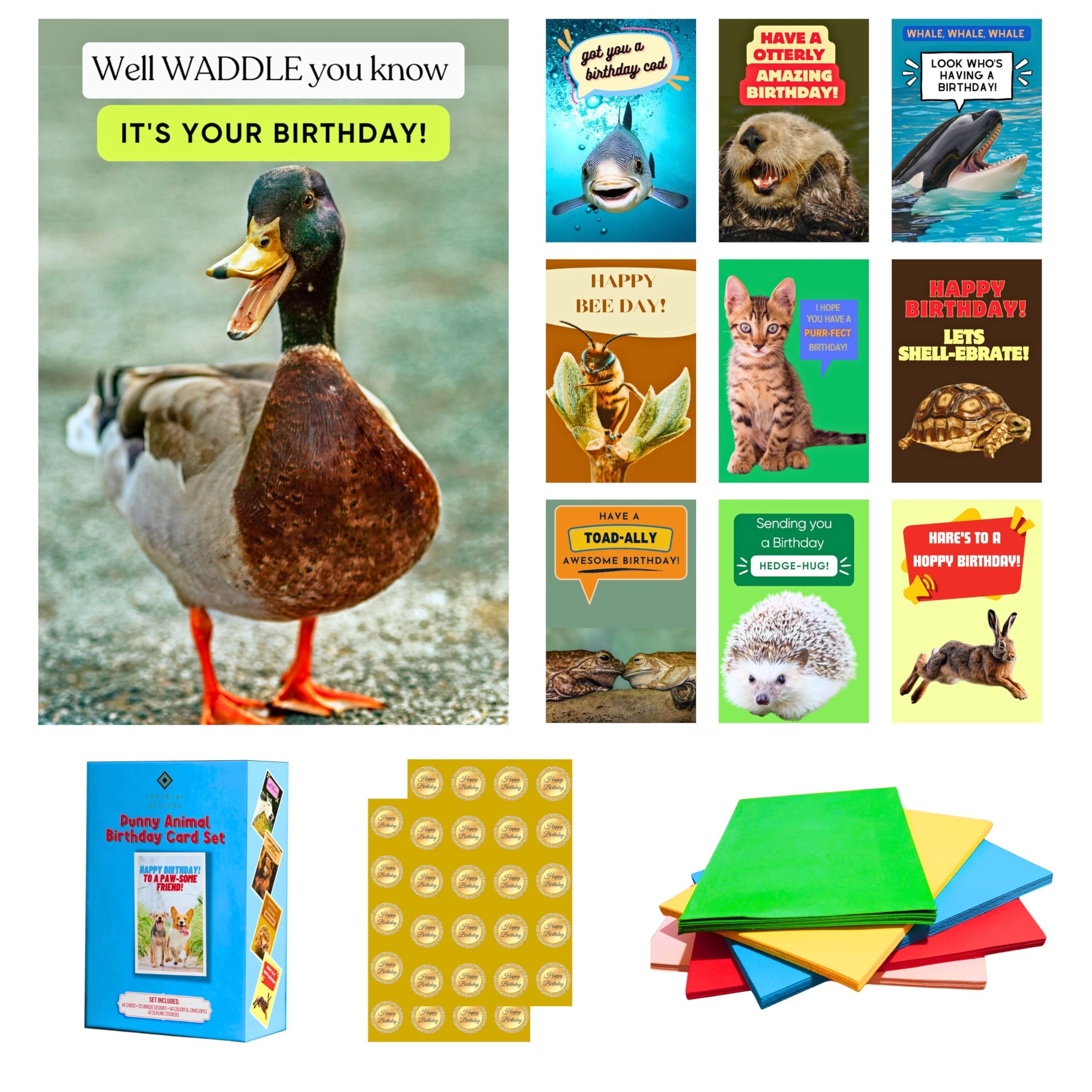 Imperial Designs 40 Pack Funny Punny Birthday Cards with Envelopes and Stickers - 20 Unique Designs - for Kids, Office, Teachers - Assorted Bulk Animal Birthday Cards (Medium, 4x6'', Blank Inside)