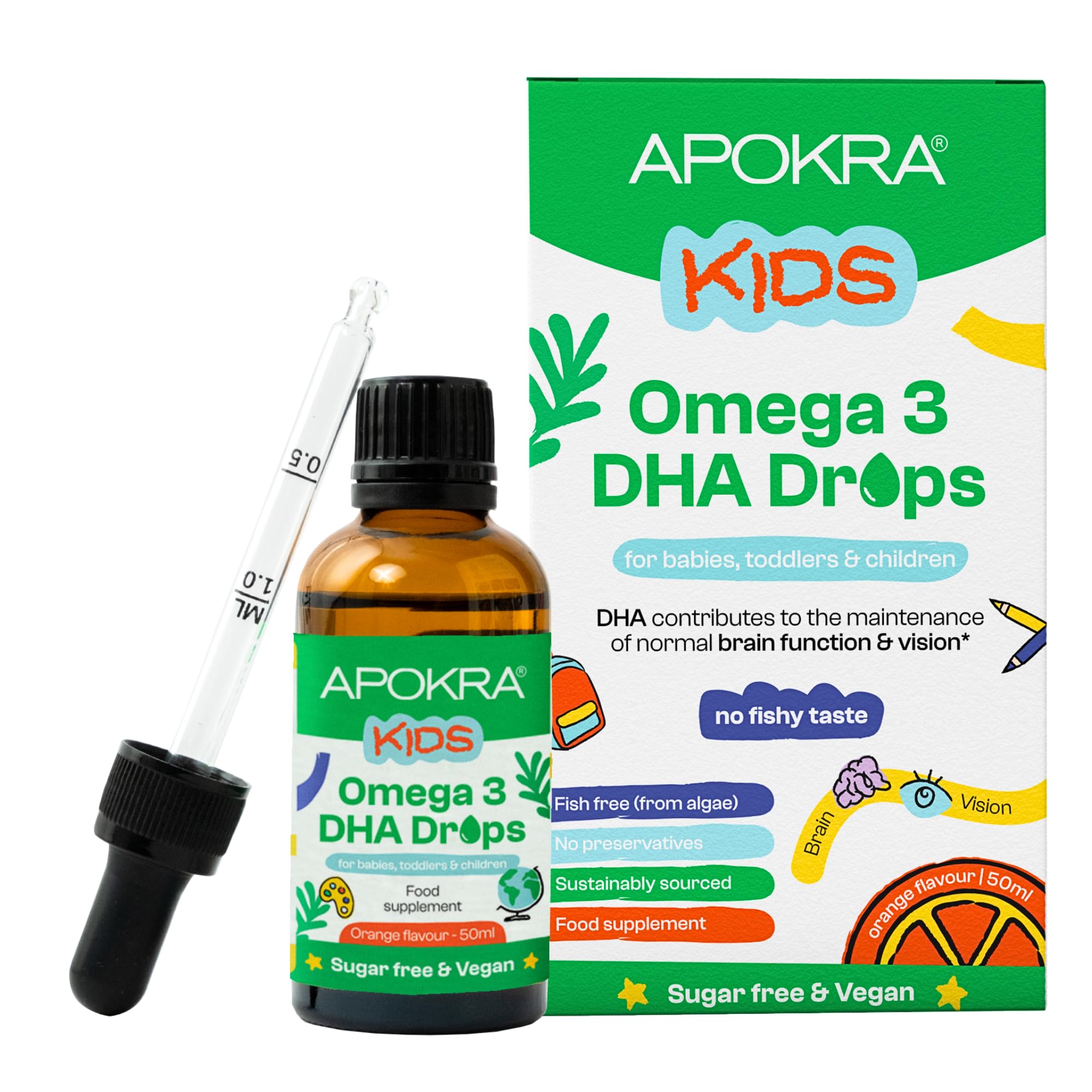 Omega 3 Vegan DHA Drops for Kids - 50mL - No Fishy Taste - Preservative Free and Sugar Free. Sustainable Algal Alternative to Fish Oil | APOKRA Kids