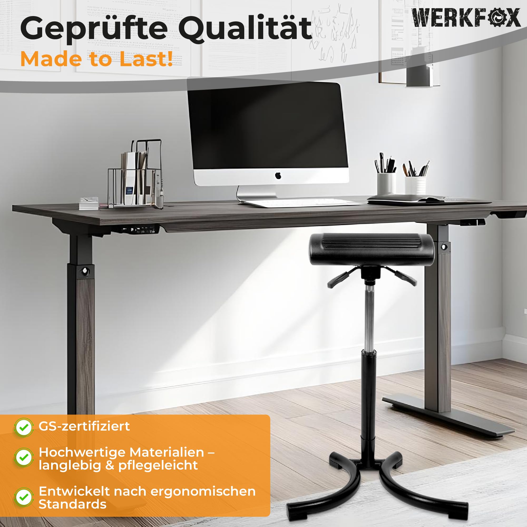 Stehhocker & Stehhilfe bis 85 kg, ergonomisch höhenverstellbar | Entlastet den Rücken am Schreibtisch, stufenloser Stehstuhl für Büro, Polyurethan Werkstatthocker mit Metallrahmen, 7 kg