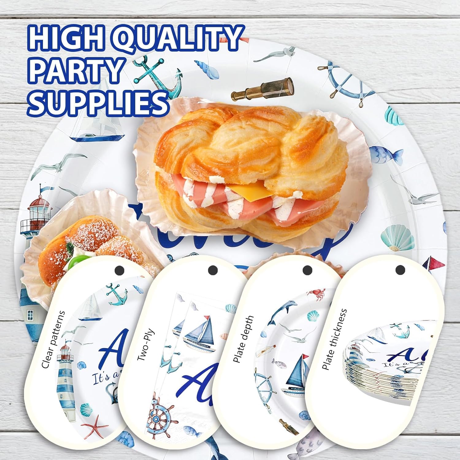 Grencian 96 Pcs Boy Nautical Party Decorations Oh It's A Boy Plates and Napkins Disposable Blue White Tableware Sets for Boys Baby Shower Baby Gender Reveal Birthday Sailing Party Supplies Serves 24 - Image 6