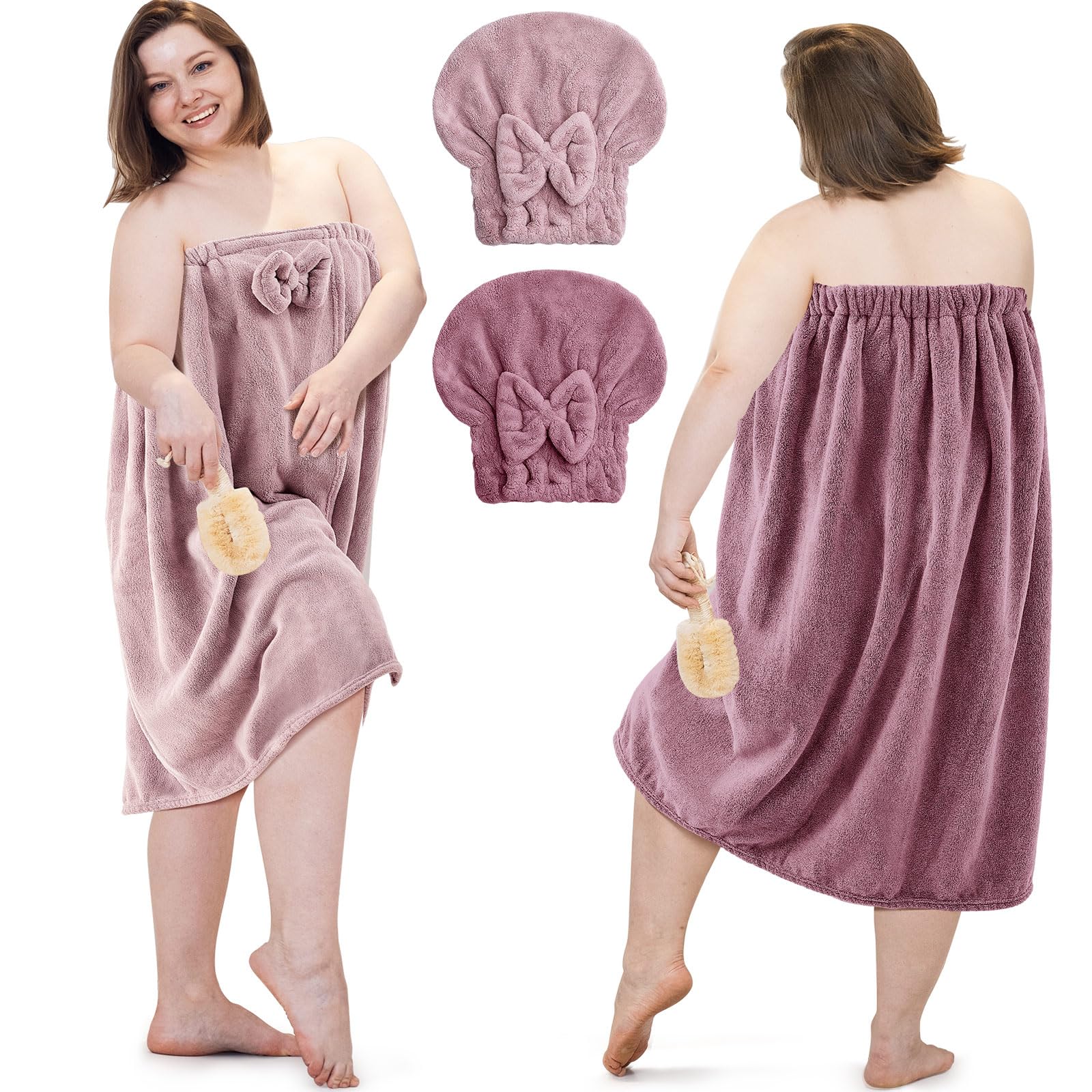 Xtinmee 2 Sets Plus Size Womens Wrap Towel with Hair Towel Bath Wrap Shower Dress Spa Bathrobe for Women's Bathrobe (Purple, Lotus Pink)