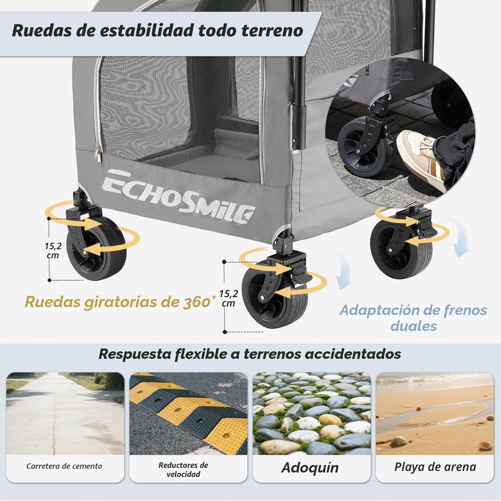 EchoSmile Carrito para Perros pequeños y medianos 20 kg, Carro Perro Plegable, Todoterreno con Doble Freno, Cinturones de Seguridad y Ventanas de Malla, Gris