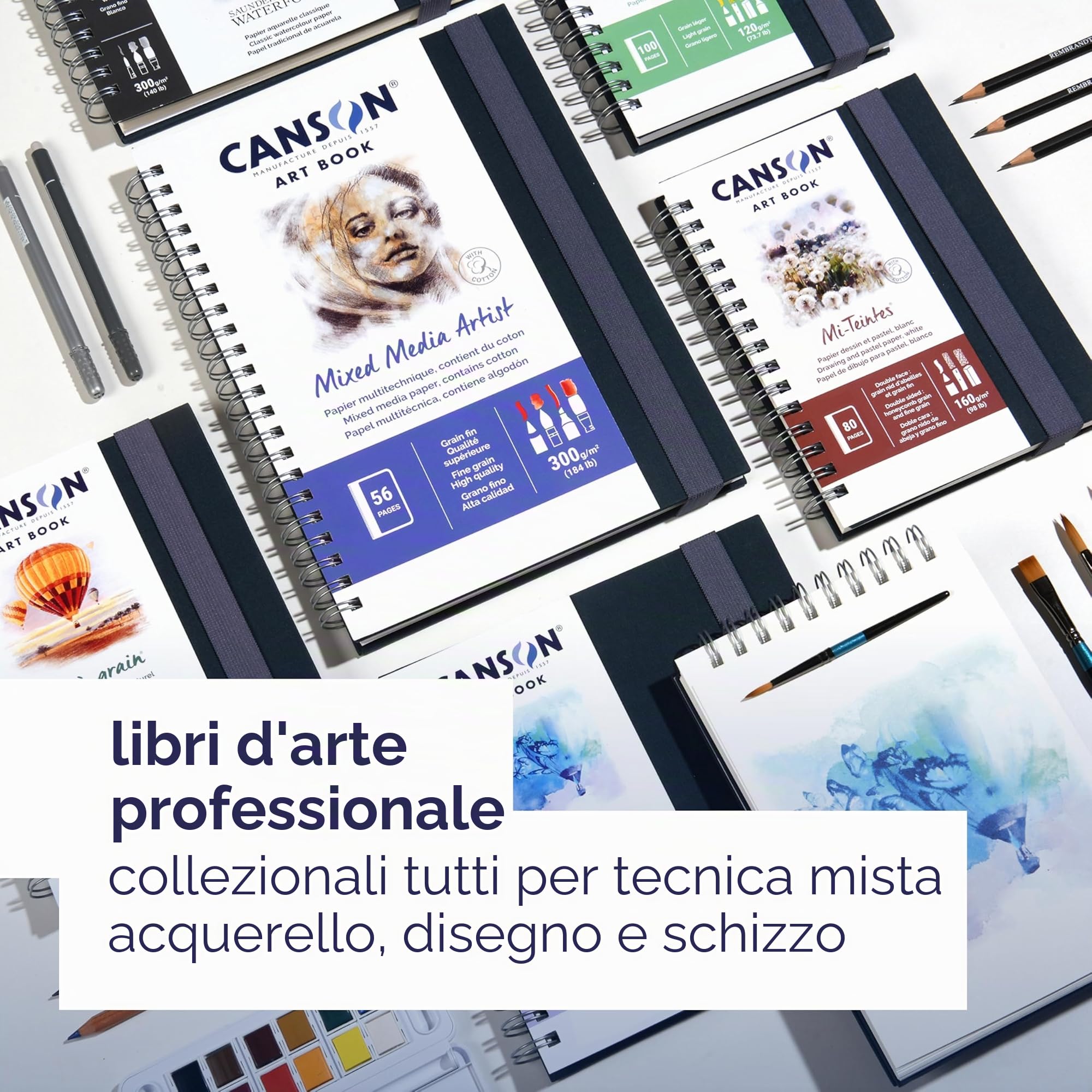 Canson Montval Book carta acquerello, A5, 24 fogli, grana fine, spiralato lato corto,copertina rigida, chiusura con elastico