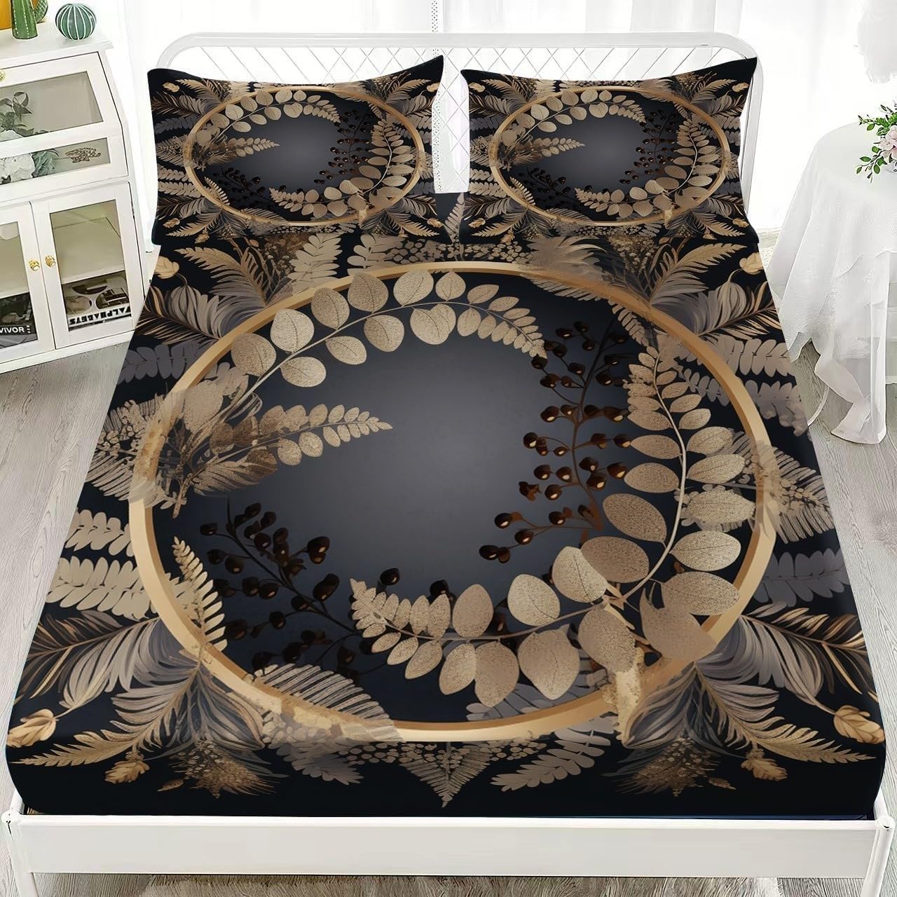 Plant Leaves King Size Fitted Sheets Circle Bed Sheets Deep Pocket 12 inch (30 cm) Soft Cozy 3 Piece Microfibre Bed Sheet 150x200 cm with 2 Pillowcases 50x75 cm