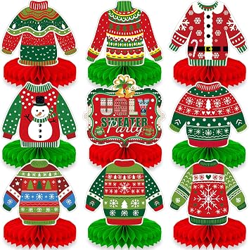 9 Pieces Ugly Christmas Sweater Honeycomb Centerpieces Table Decor, Holiday Party Table Toppers Ornaments Signs, Fun Xmas Sweater Party Decorations