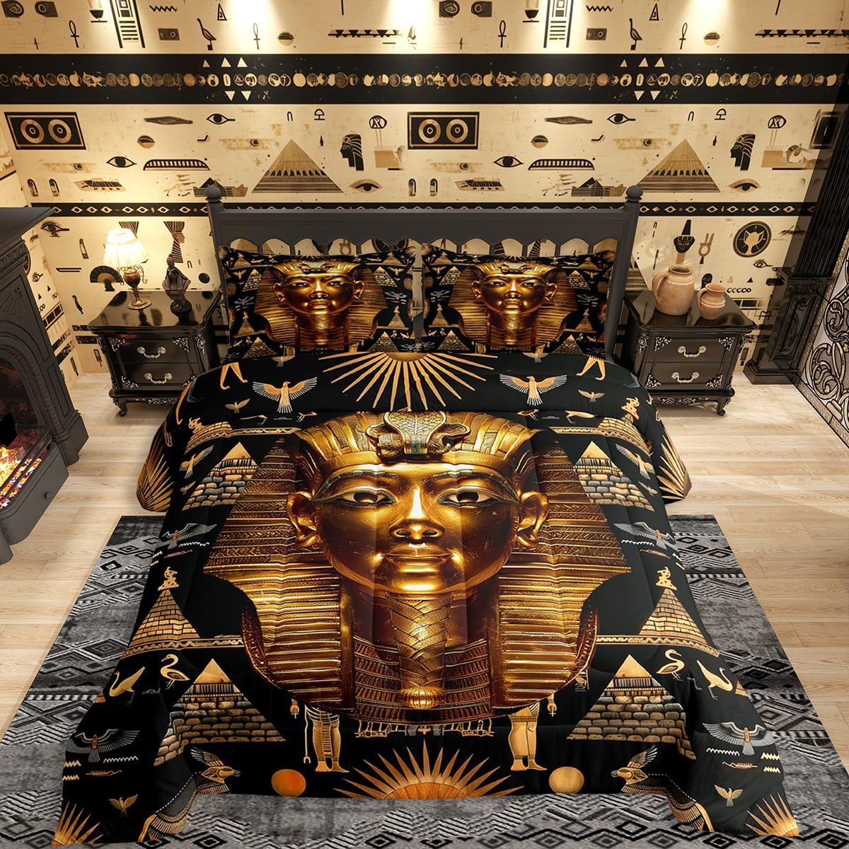 3D Pharaoh Queen Bedding Set,Ancient Egypt Style Comforter Set Egyptian Civilization Down Comforter Gold And Black Retro Exotic Tribal Style Duvet Insert for Kids Boys Girls Teens Adults Bedroom