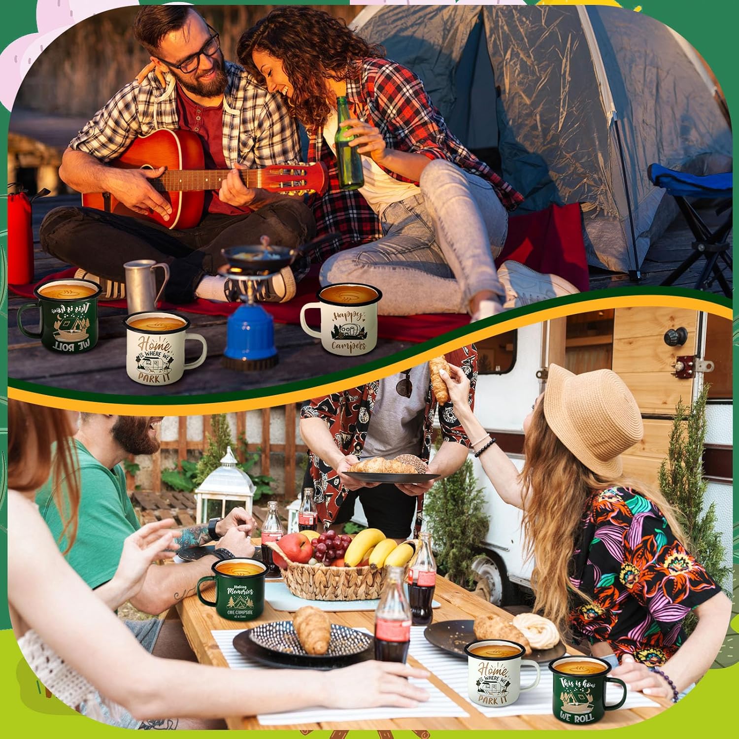 Baderke 12 Pcs Enamel Camping Coffee Mug Bulk 12 oz Camping Coffee Mugs with Handle Green and White Portable Drinking Cup Vintage Campers Campfire Tea Cups for Winter Travel Holiday Gift - Image 6
