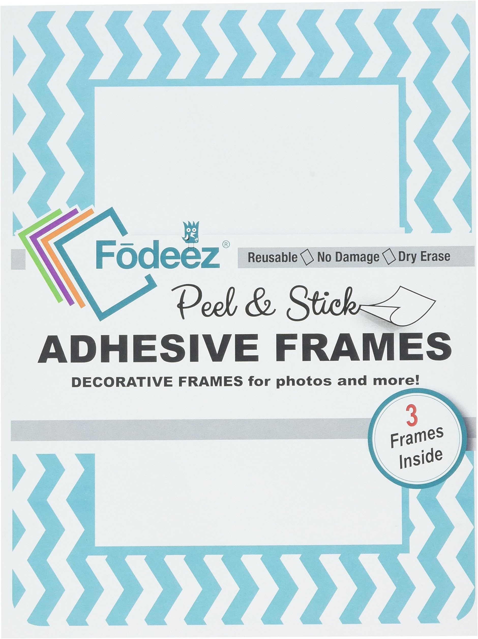 Frames Peel & Stick Reusable Adhesive Picture Frames/Dry Erase Boards for Non-Magnetic Refrigerators, Solid Wood, Smooth Walls, etc., 4" X 6", Chevron Teal, Pack of 3 (FF-46-03-CHEV-TEAL)