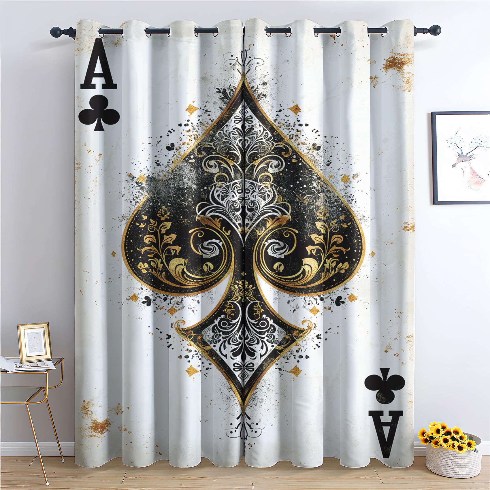 Mukryzaa Ace of Spades Curtain for Bedroom, Poker Card Blackout Curtains for Living Room Playroom, Casino Game Drapes, 2 Panels Thermal Insulated &